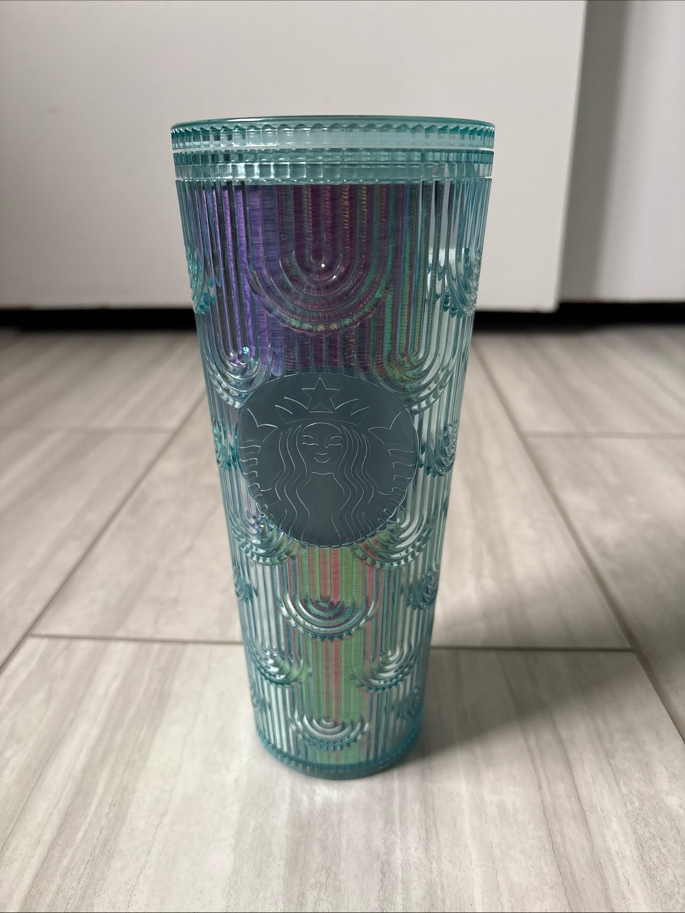 Starbucks 24oz Aqua Blue Iridescent Ribbed Cold Cup Tumbler Siren no straw